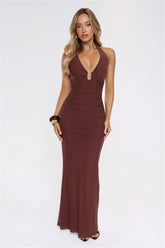 Sultry Ruched Halter Maxi Dress Chocolate
